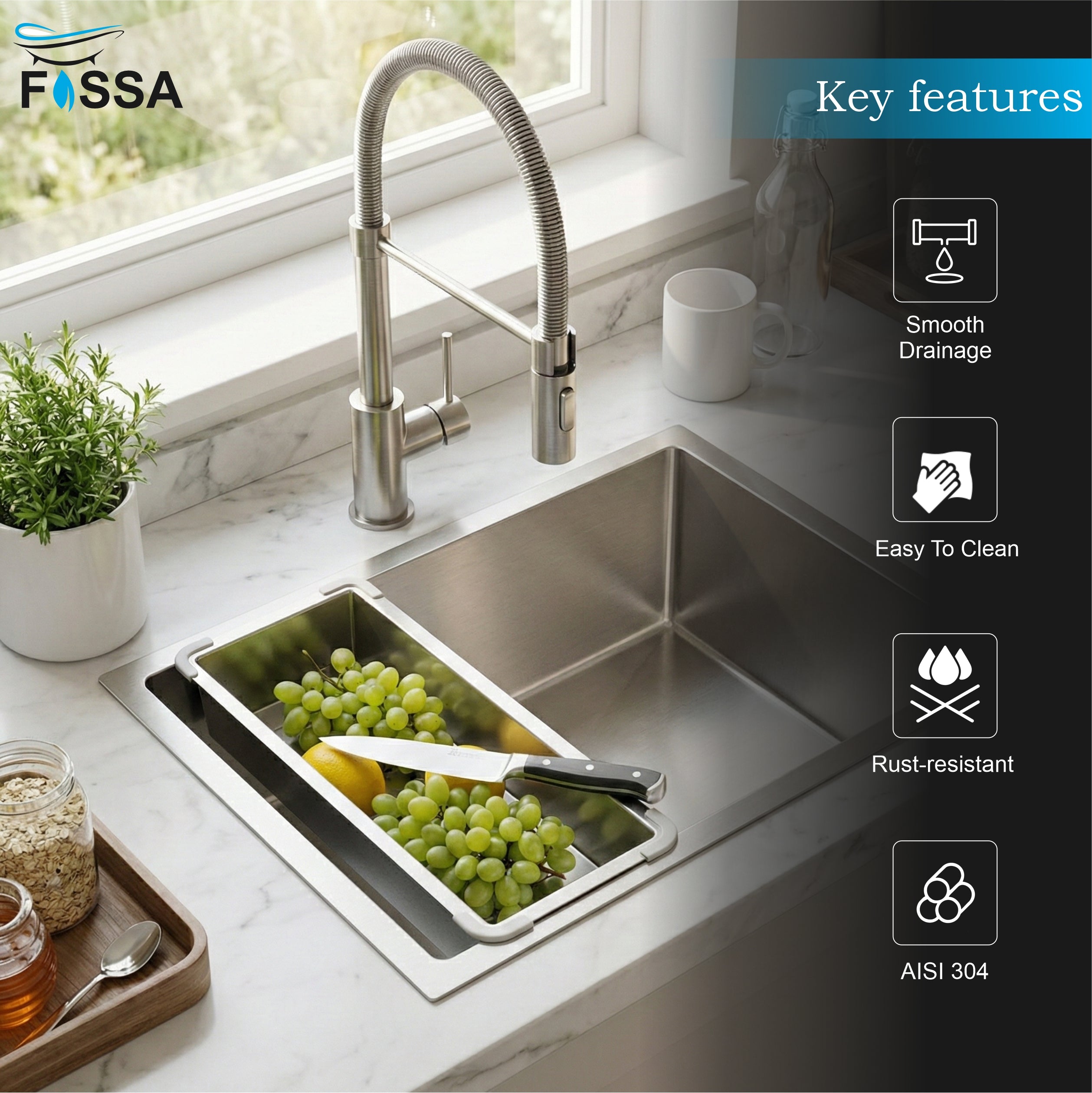 Fossa 15"x4" 304 Stainless Steel Handmade Colander for Single & Double Bowl Kitchen Sink - Matte Silver