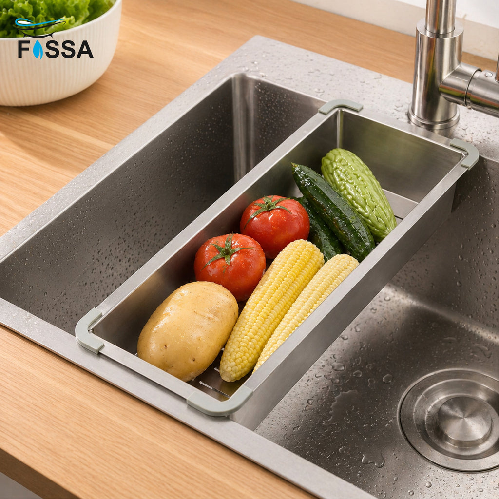 Fossa 15"x4" 304 Stainless Steel Handmade Colander for Single & Double Bowl Kitchen Sink - Matte Silver