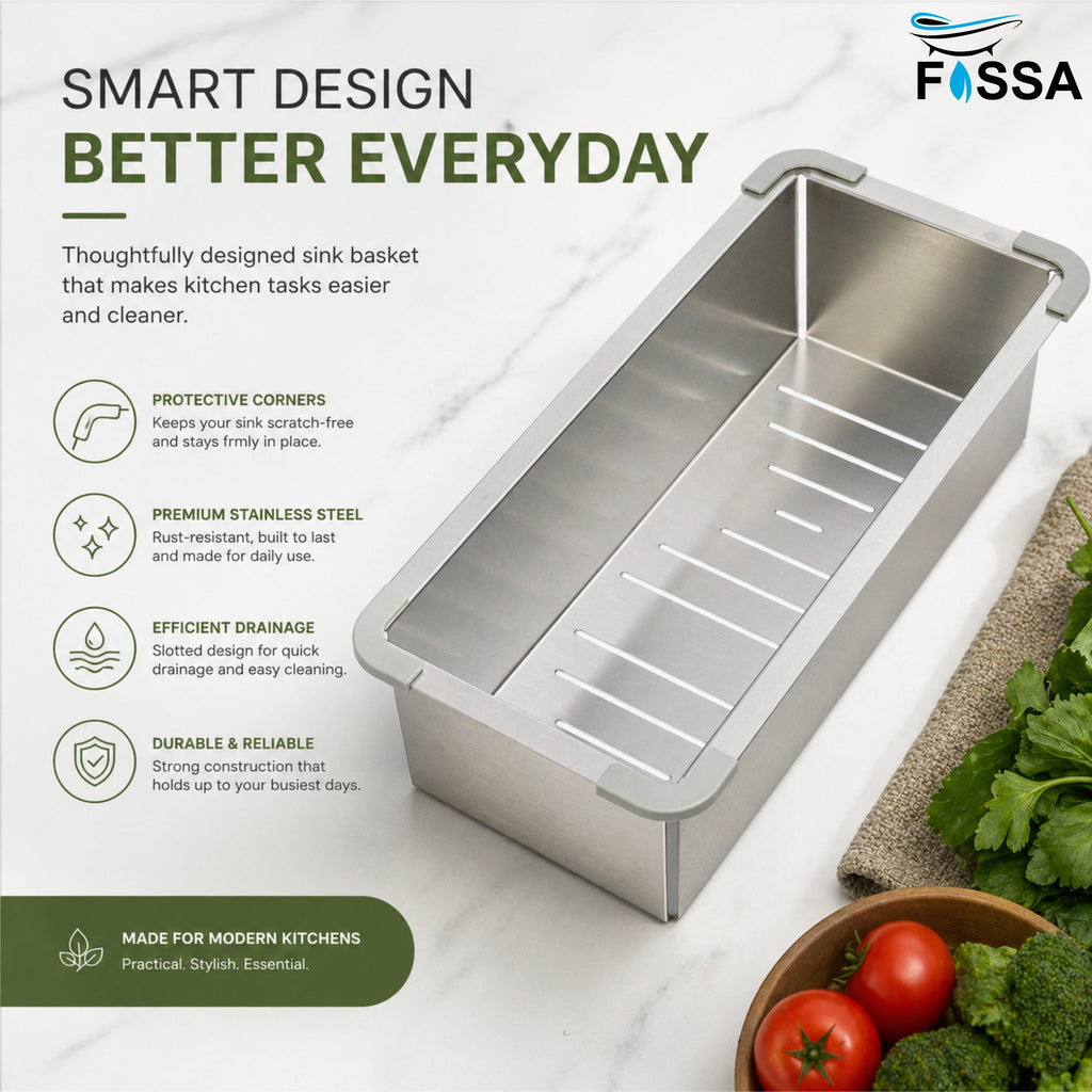 Fossa 15"x4" 304 Stainless Steel Handmade Colander for Single & Double Bowl Kitchen Sink - Matte Silver
