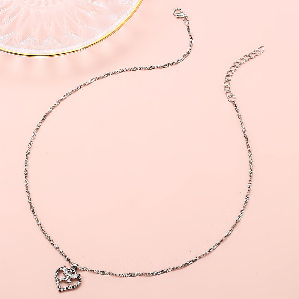 Anniversary Jewelry Silver Chain Full Rhinestone Butterfly Heart Charm Necklace