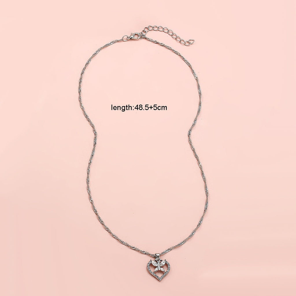 Anniversary Jewelry Silver Chain Full Rhinestone Butterfly Heart Charm Necklace