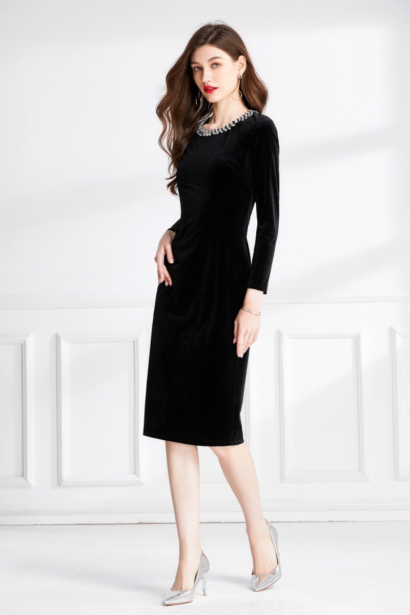 Beaded Vintage High Waist Slit Black Velvet Maxi Dress