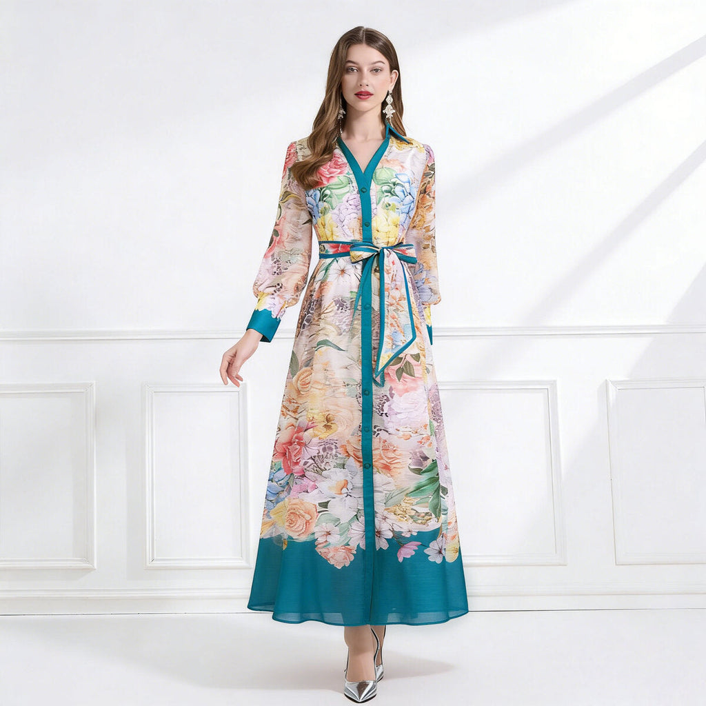 Bloom Elegance Printed Chiffon Maxi Shirt Dress