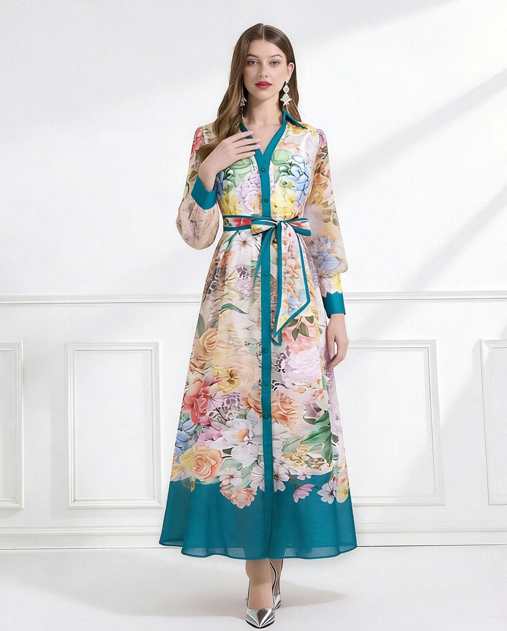 Bloom Elegance Printed Chiffon Maxi Shirt Dress