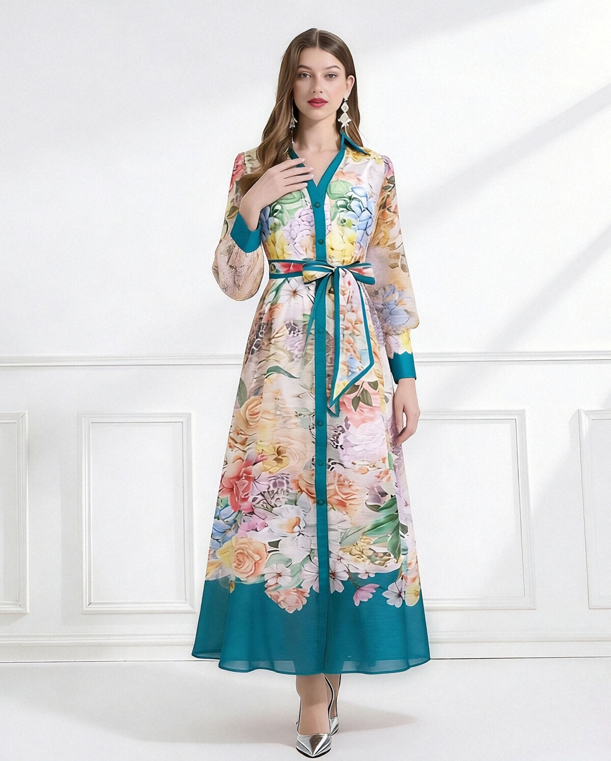 Bloom Elegance Printed Chiffon Maxi Shirt Dress