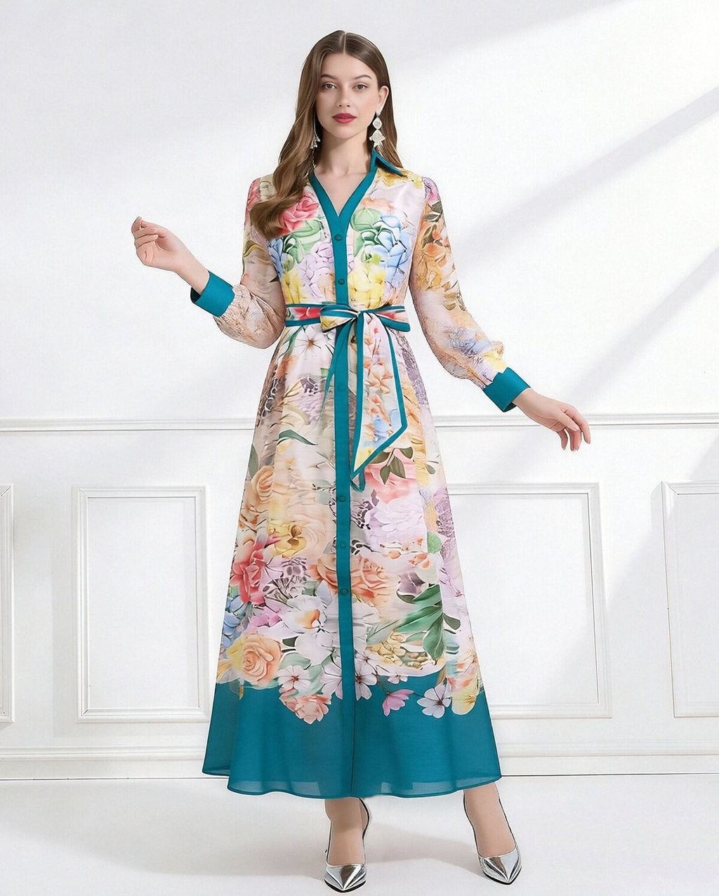 Bloom Elegance Printed Chiffon Maxi Shirt Dress