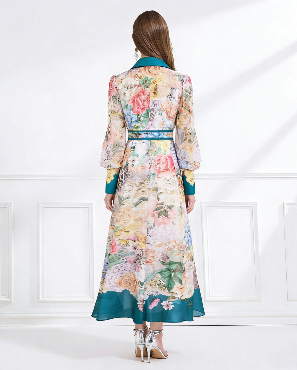 Bloom Elegance Printed Chiffon Maxi Shirt Dress