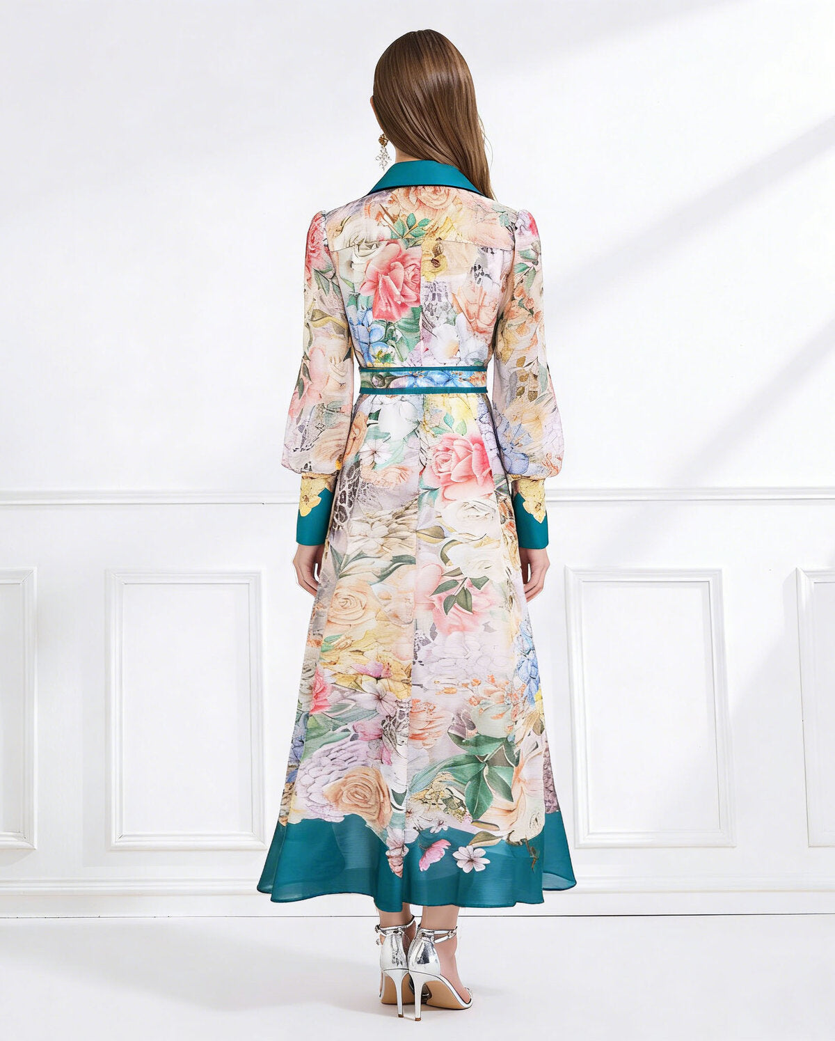 Bloom Elegance Printed Chiffon Maxi Shirt Dress