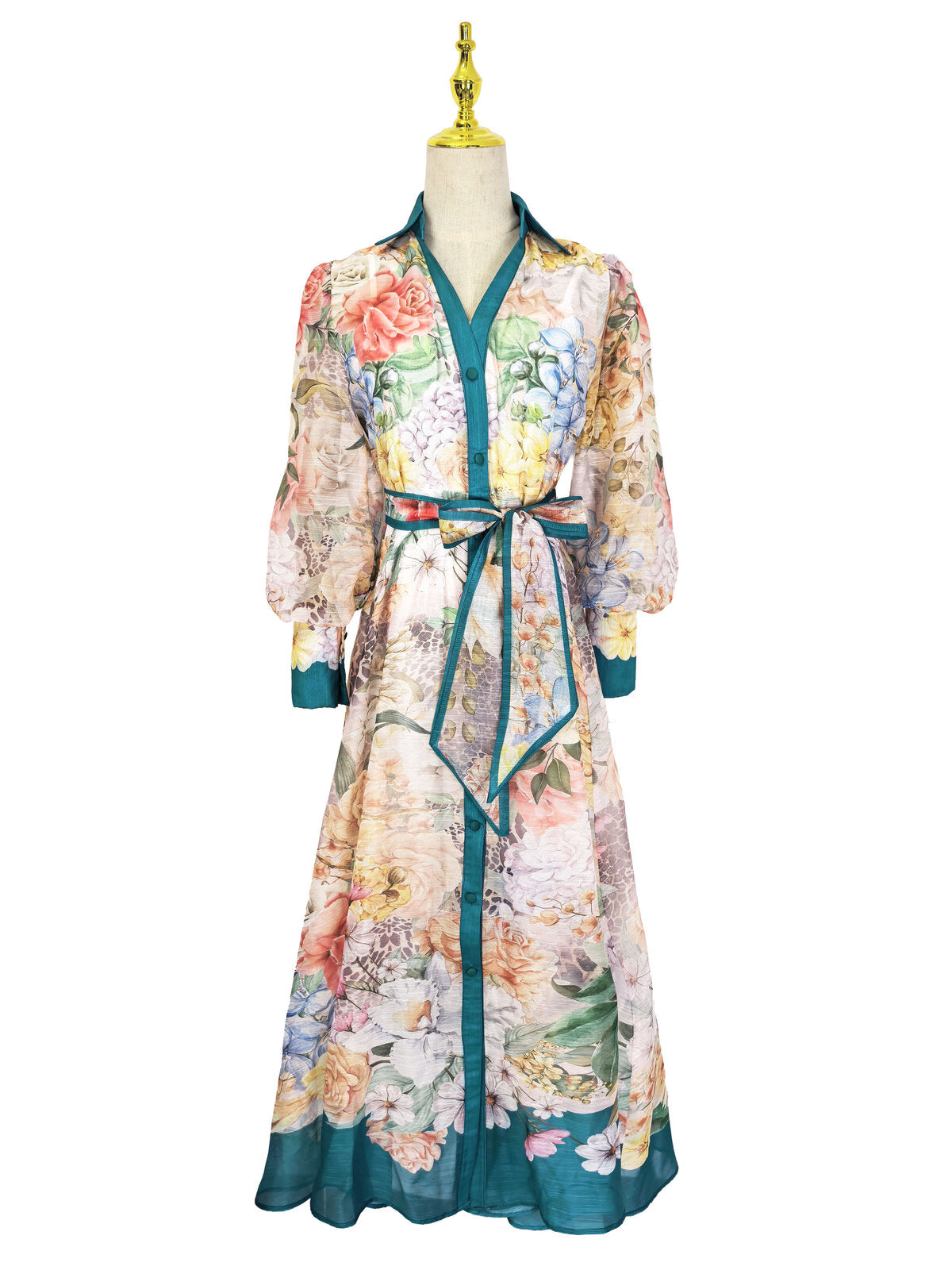 Bloom Elegance Printed Chiffon Maxi Shirt Dress