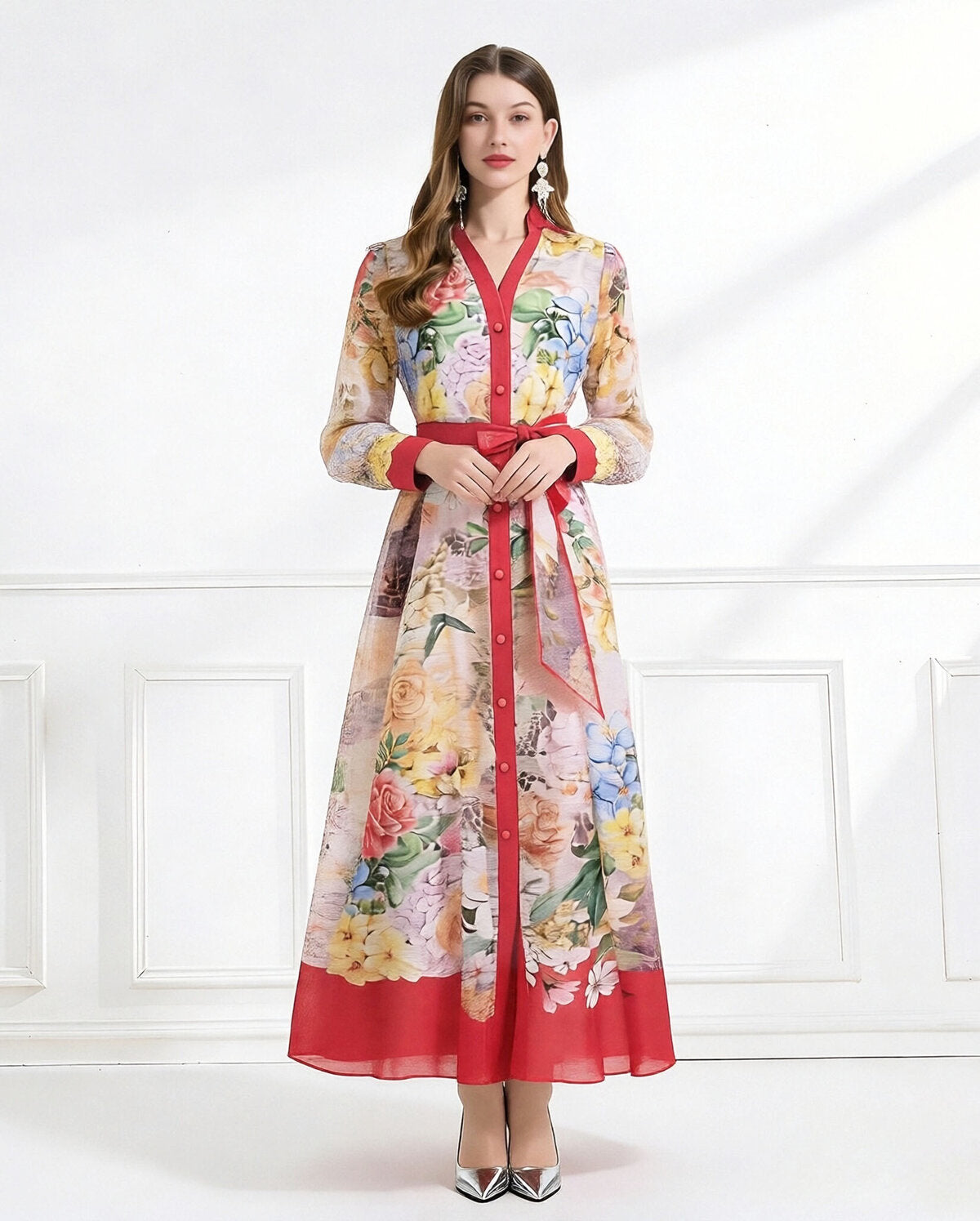 Bloom Elegance Printed Chiffon Maxi Shirt Dress