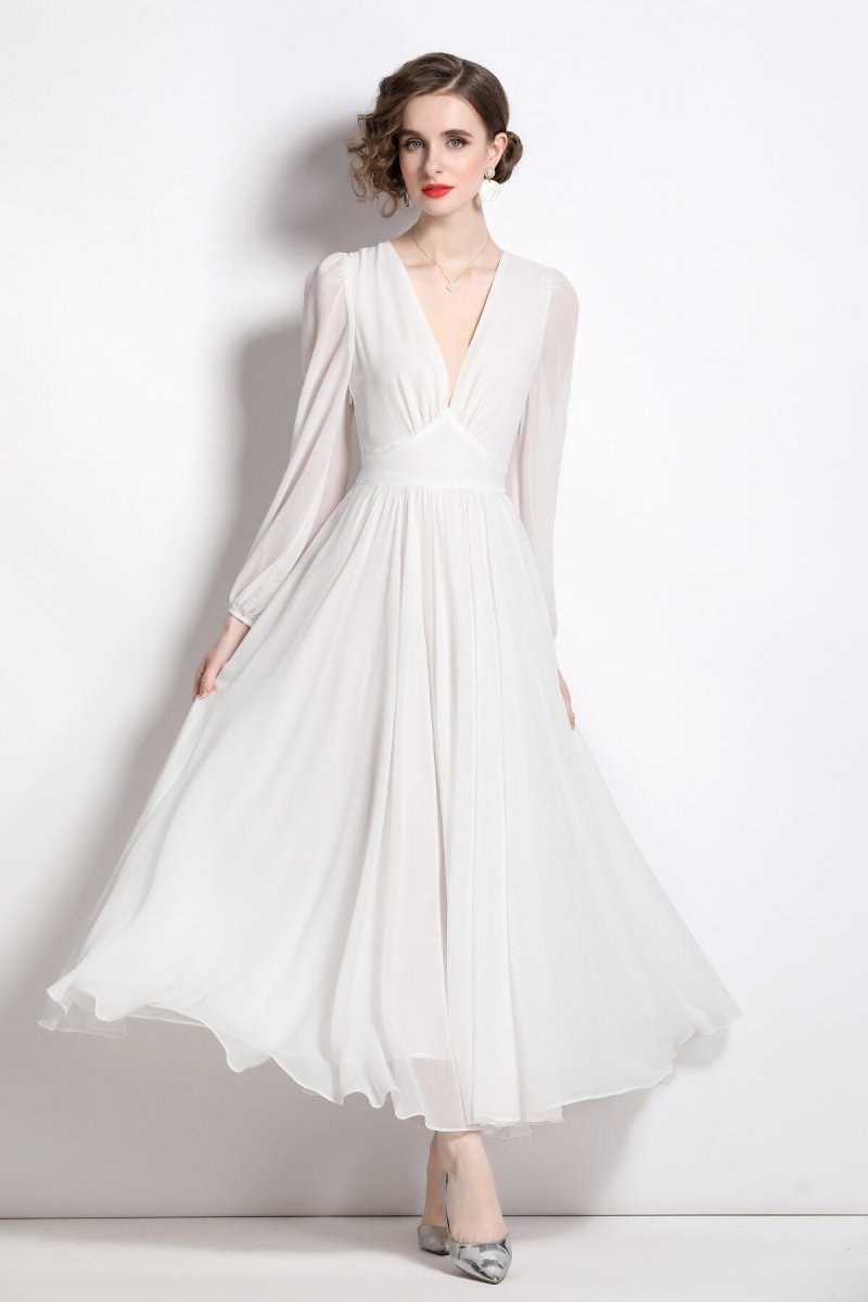 Dreamy White Long Sleeve V Neck Maxi Dress