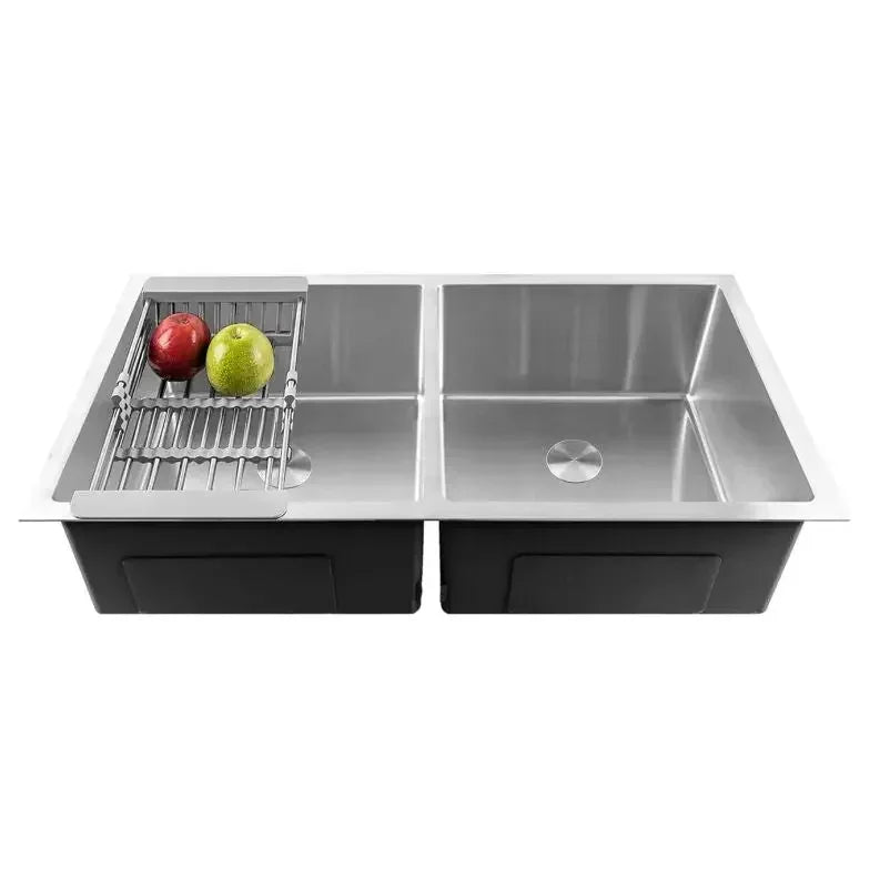 Premium Handmade (37 x 18 x 10) Inch  Double Bowl Silver Round Stainless Steel Kitchen Sink