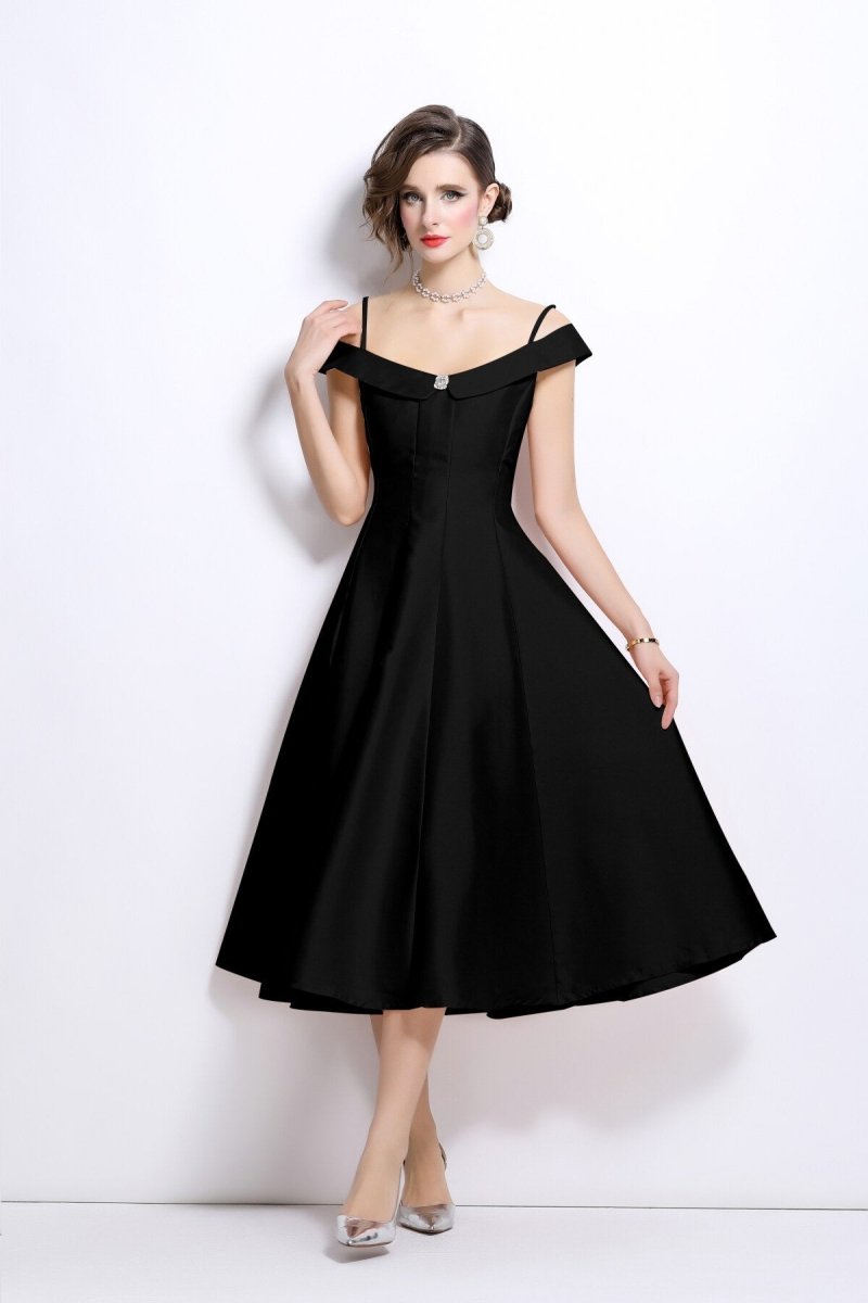 Off Shoulder Sweetheart Neckline Calf Length Dress