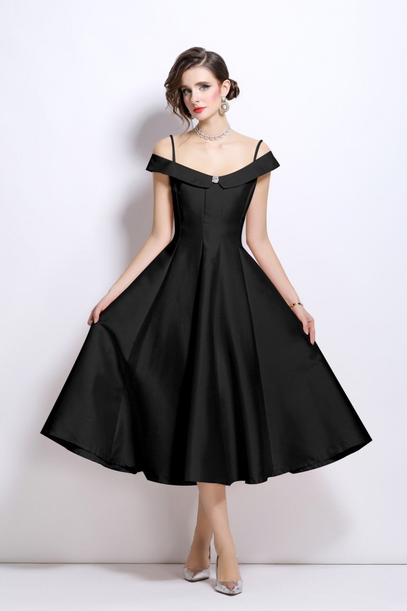 Off Shoulder Sweetheart Neckline Calf Length Dress
