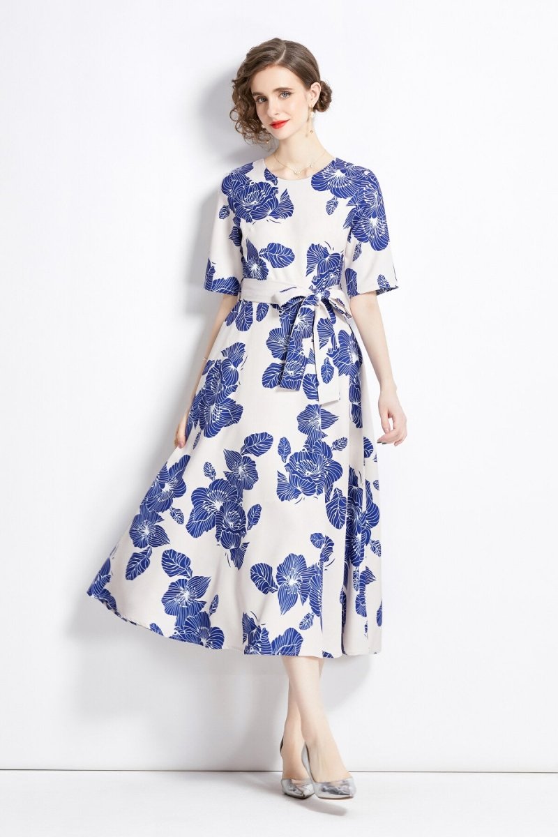 Porcelain Blue Vintage Print Waist Cinching Midi Dress