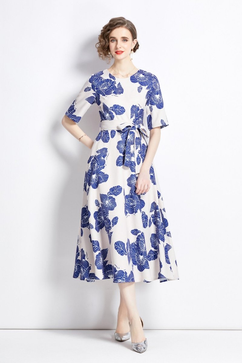 Porcelain Blue Vintage Print Waist Cinching Midi Dress
