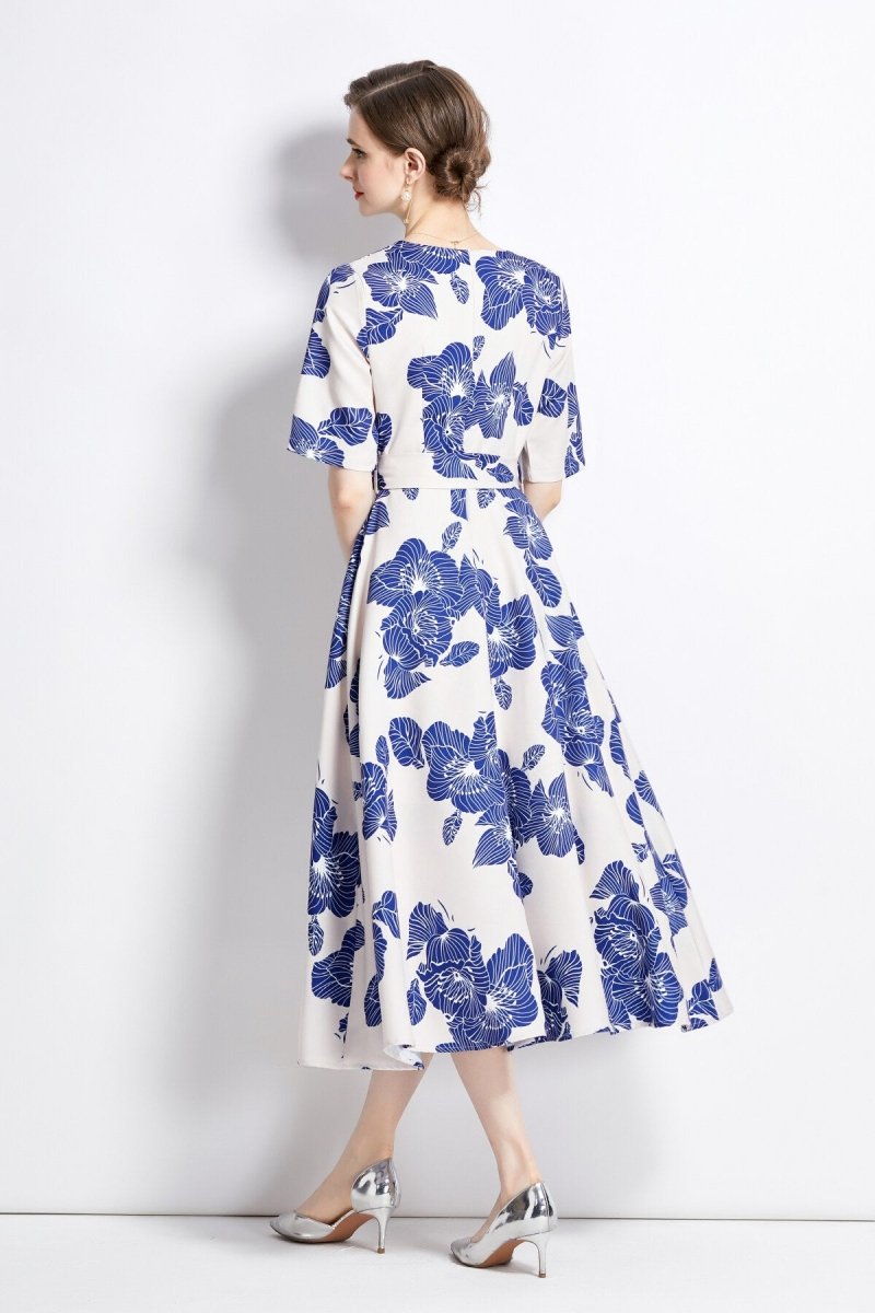 Porcelain Blue Vintage Print Waist Cinching Midi Dress