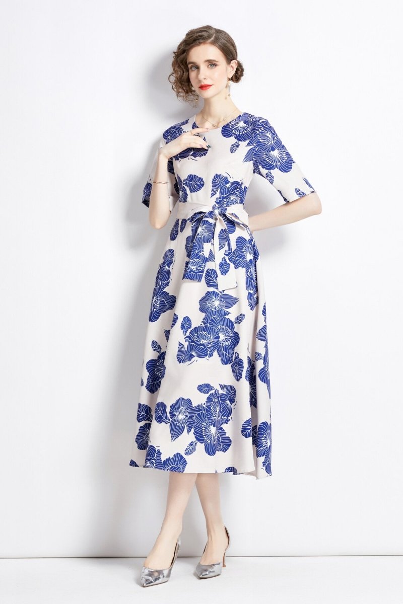 Porcelain Blue Vintage Print Waist Cinching Midi Dress