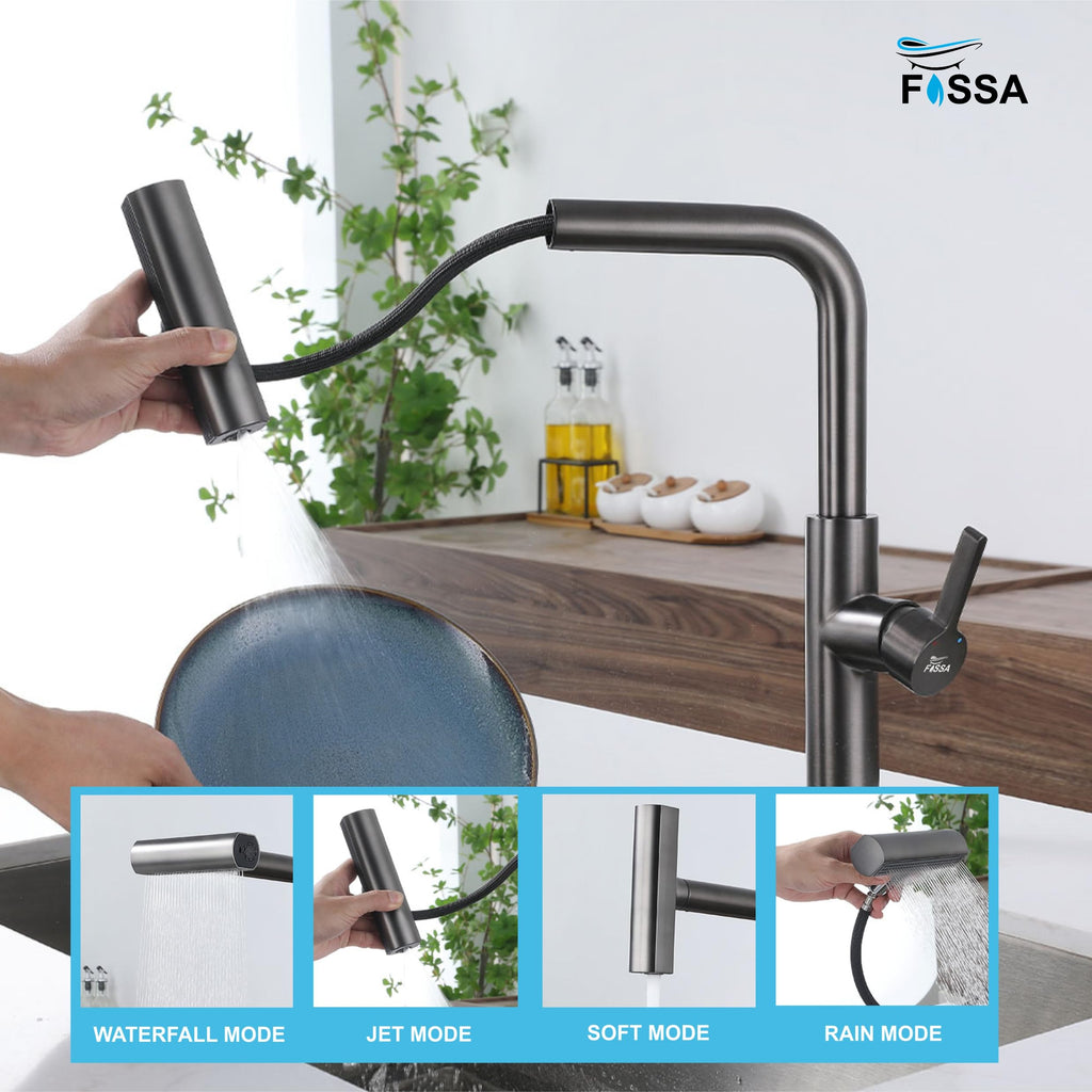 Rainfall Pull Out Four-Flow 360° Hot & Cold Stainless Steel Kitchen Mixer Faucet Black