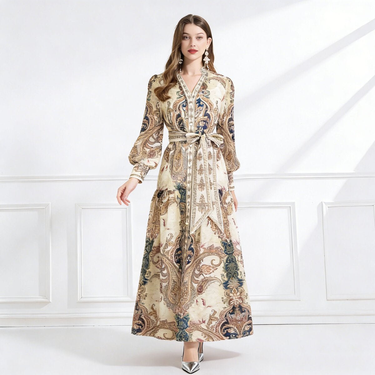 Regal Paisley Belted Chiffon Maxi Dress