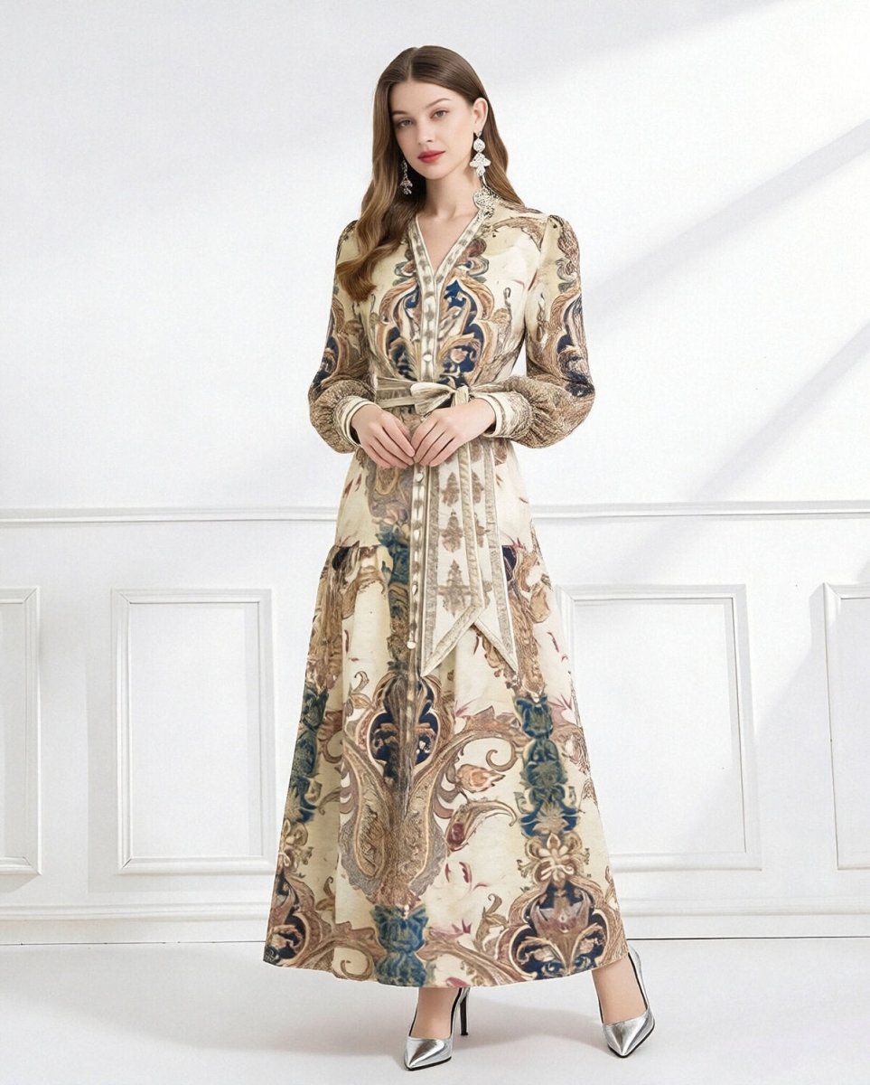 Regal Paisley Belted Chiffon Maxi Dress