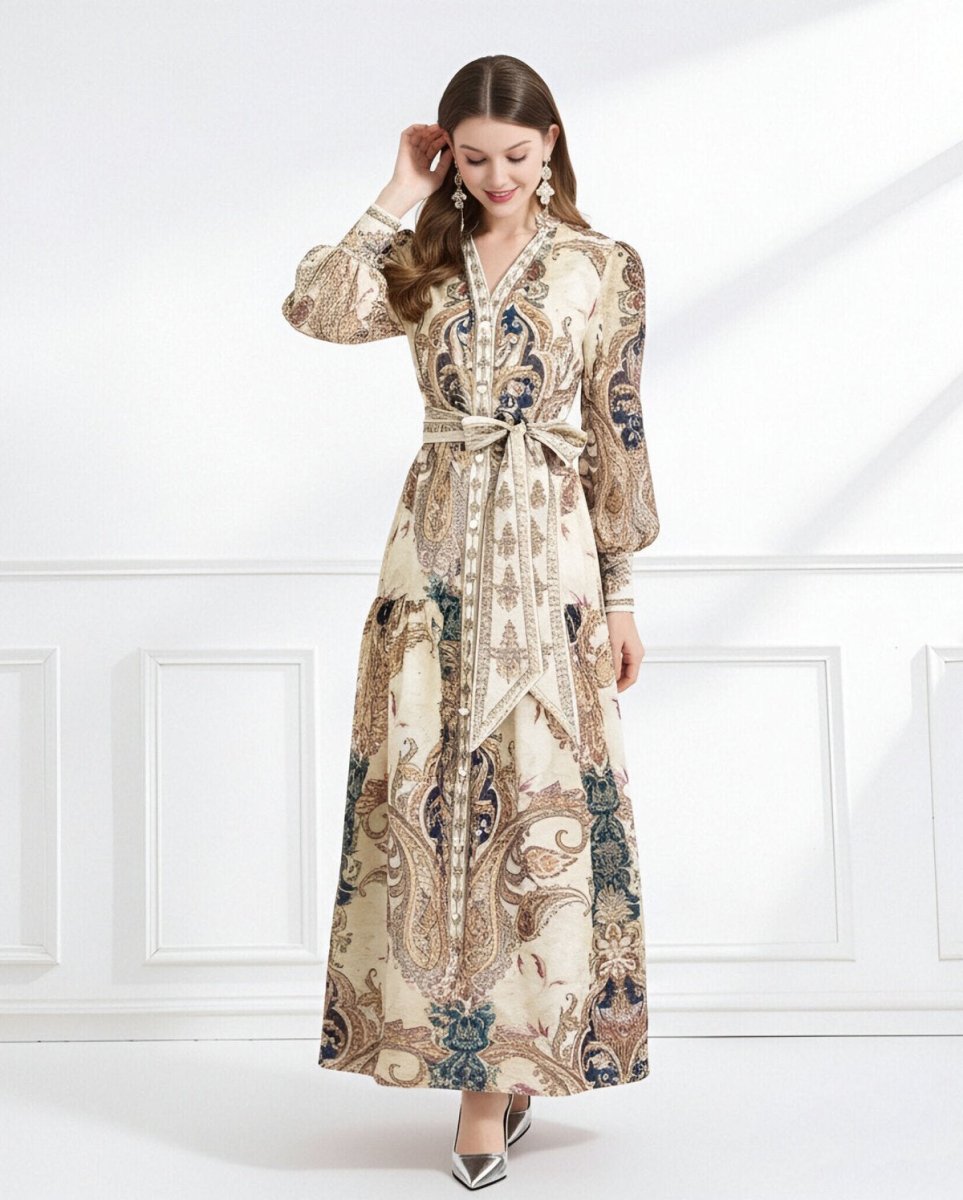 Regal Paisley Belted Chiffon Maxi Dress