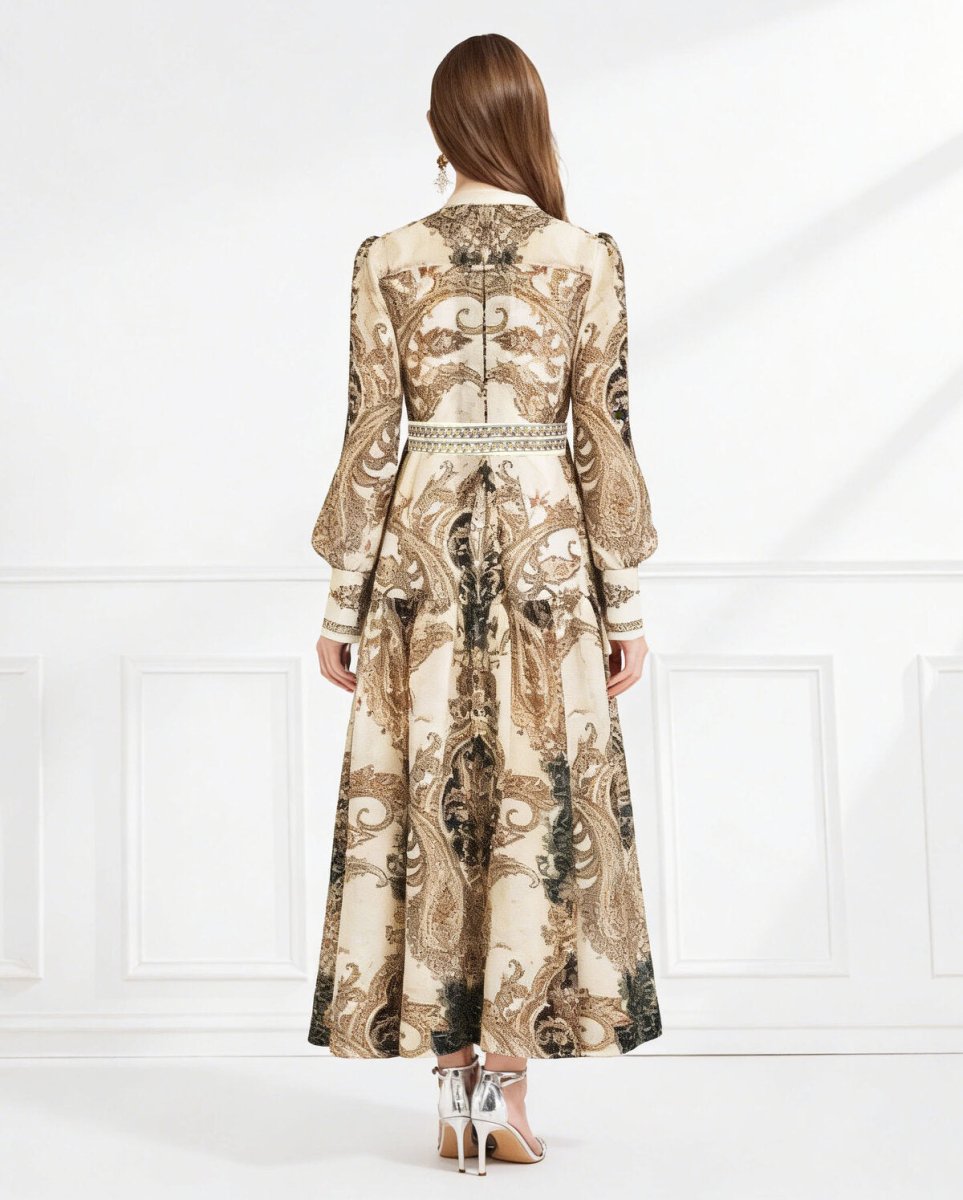 Regal Paisley Belted Chiffon Maxi Dress