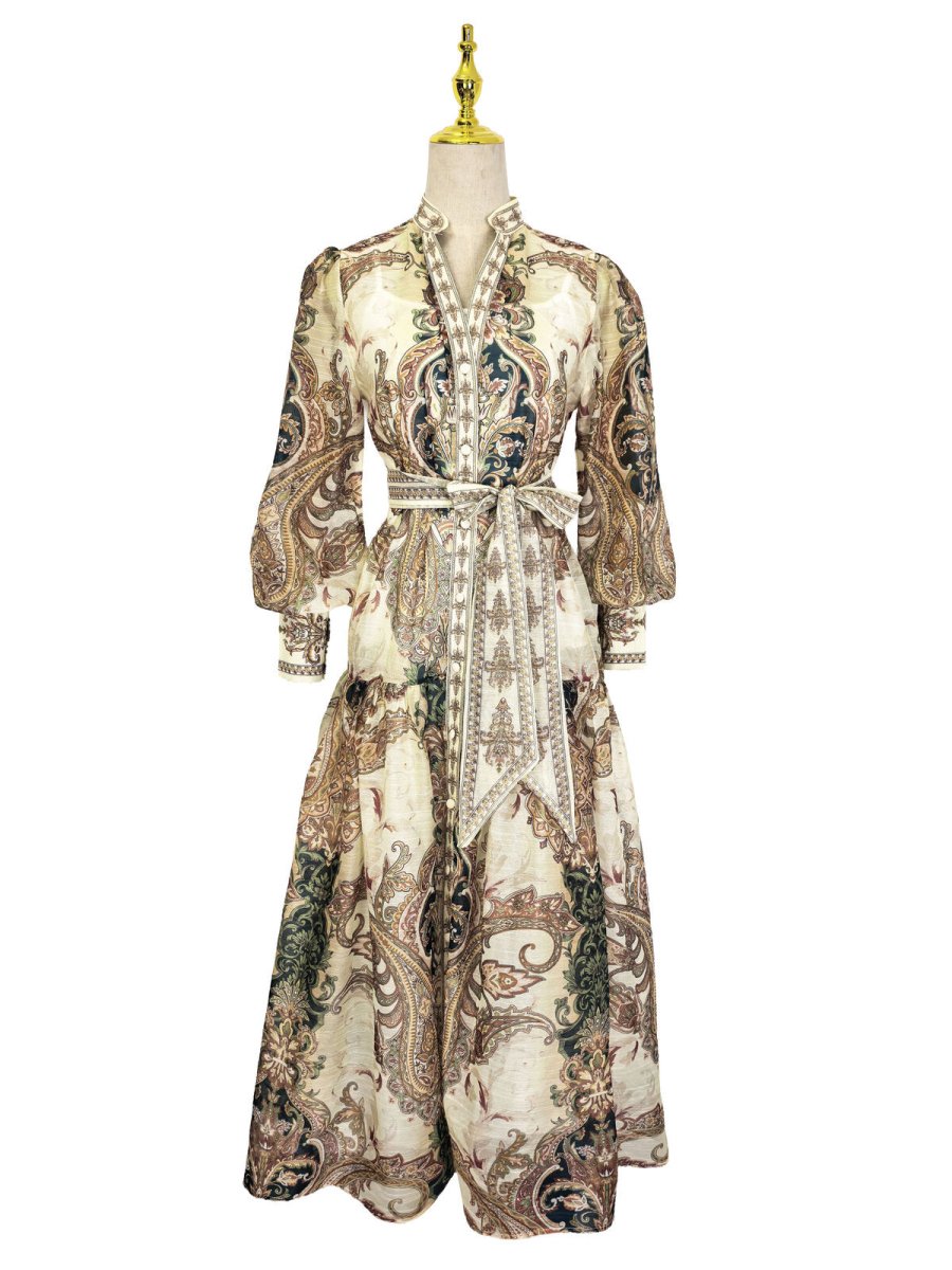Regal Paisley Belted Chiffon Maxi Dress