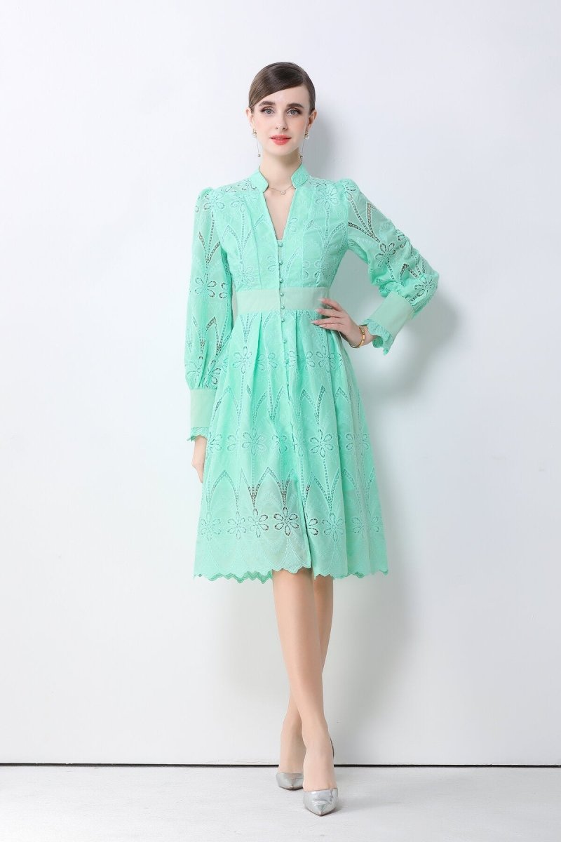 Romantic Eyelet Embroidered Waist Cinch Midi Dress