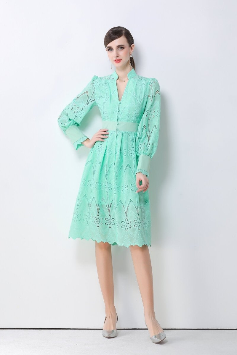 Romantic Eyelet Embroidered Waist Cinch Midi Dress