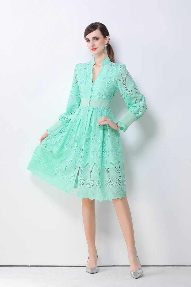 Romantic Eyelet Embroidered Waist Cinch Midi Dress