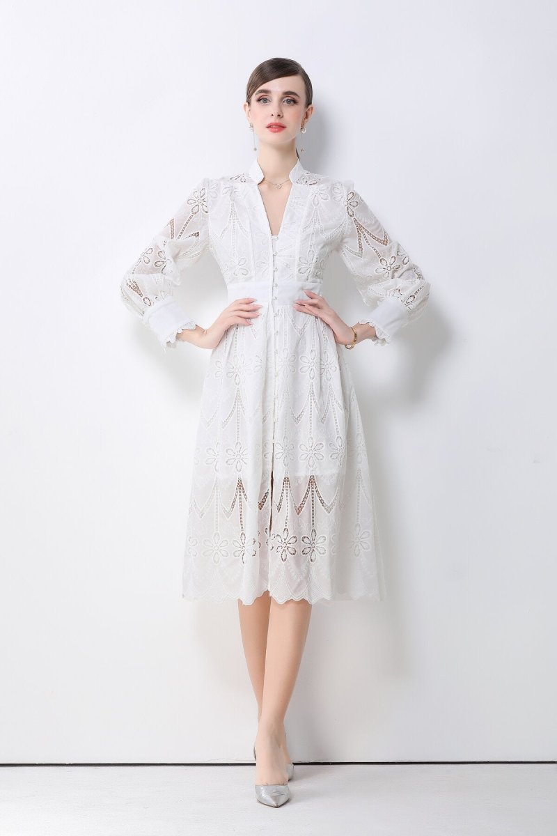 Romantic Eyelet Embroidered Waist Cinch Midi Dress