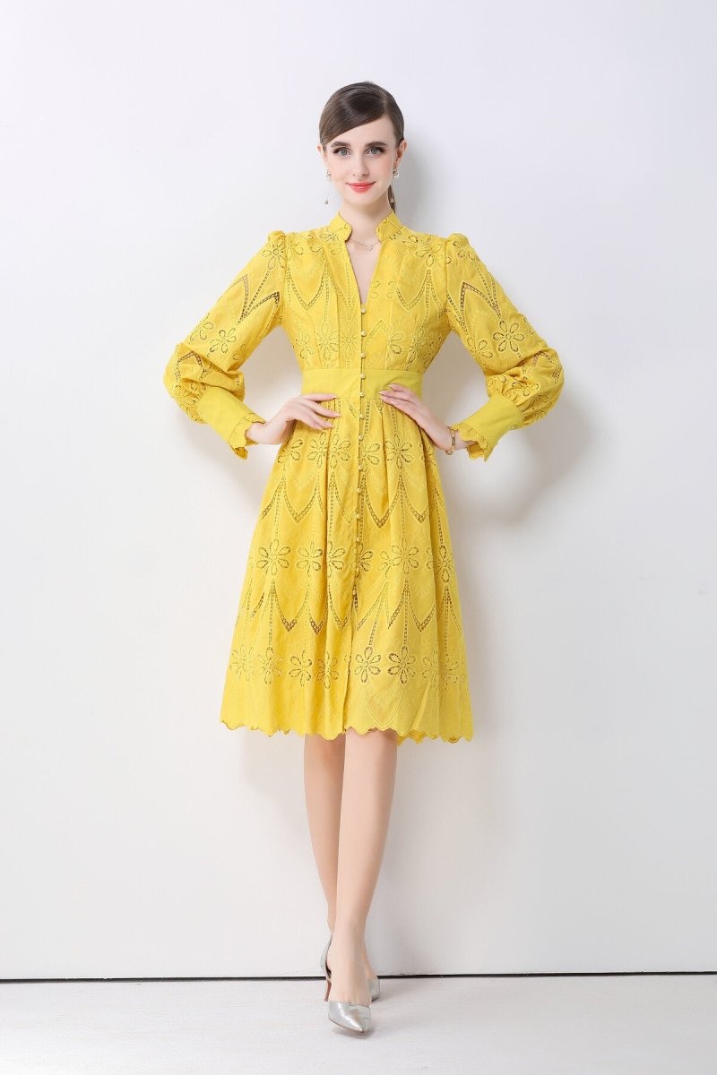 Romantic Eyelet Embroidered Waist Cinch Midi Dress