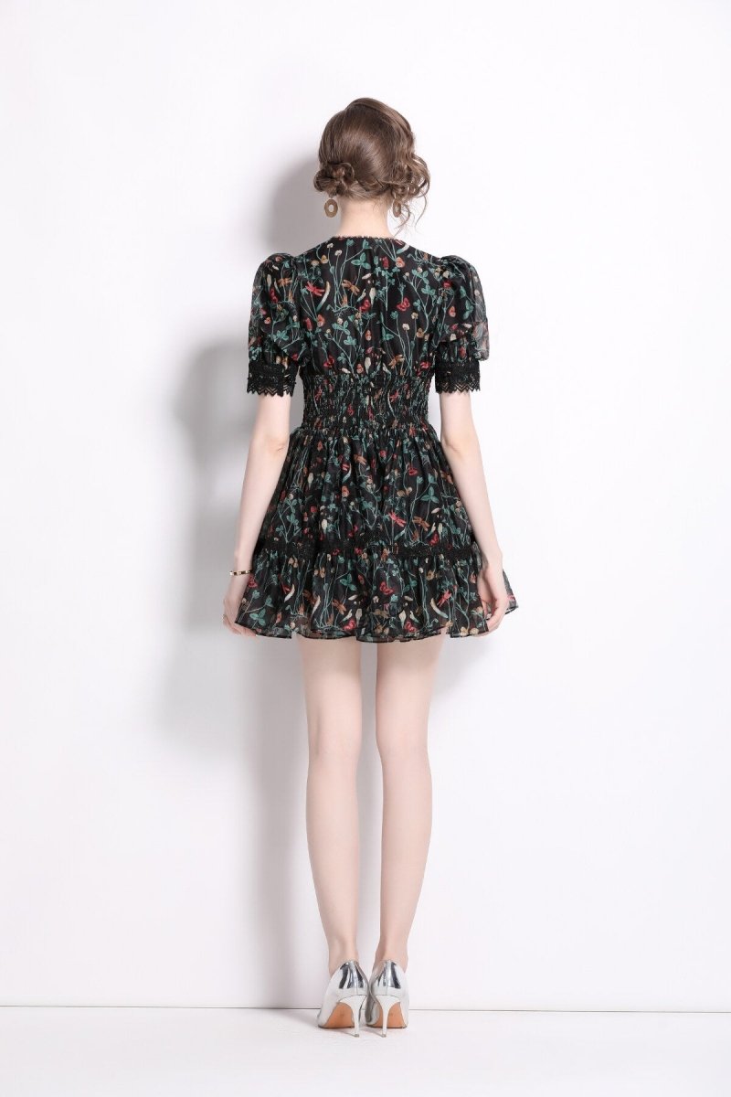 Vintage Floral V Neck Puff Sleeve Tea Dress