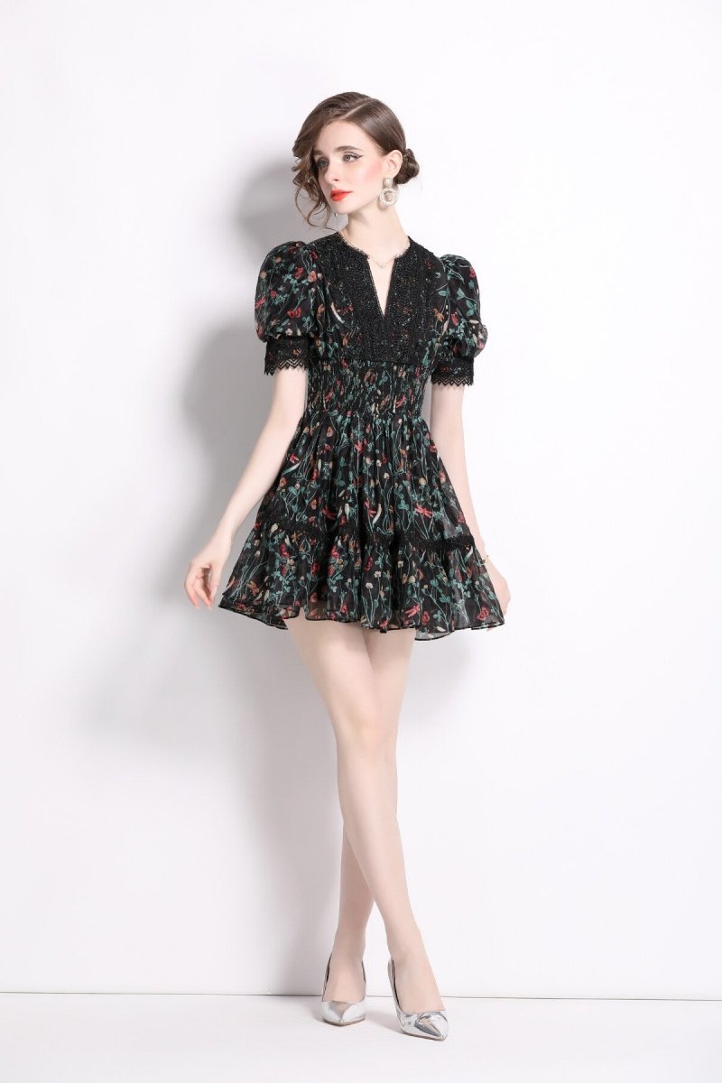 Vintage Floral V Neck Puff Sleeve Tea Dress
