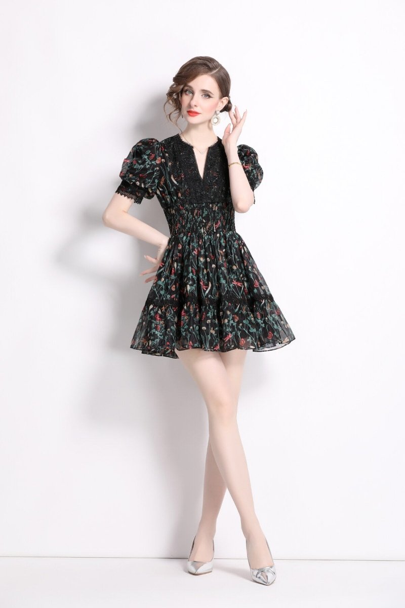 Vintage Floral V Neck Puff Sleeve Tea Dress