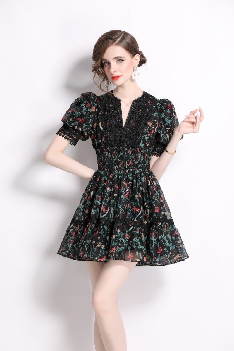 Vintage Floral V Neck Puff Sleeve Tea Dress