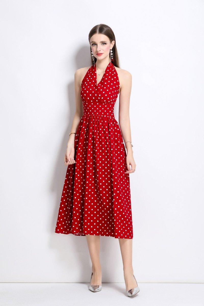 Vintage Halter Polka Dot Sleeveless Fitted Maxi Dress