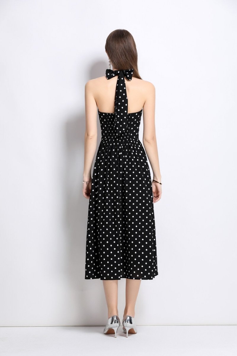Vintage Halter Polka Dot Sleeveless Fitted Maxi Dress