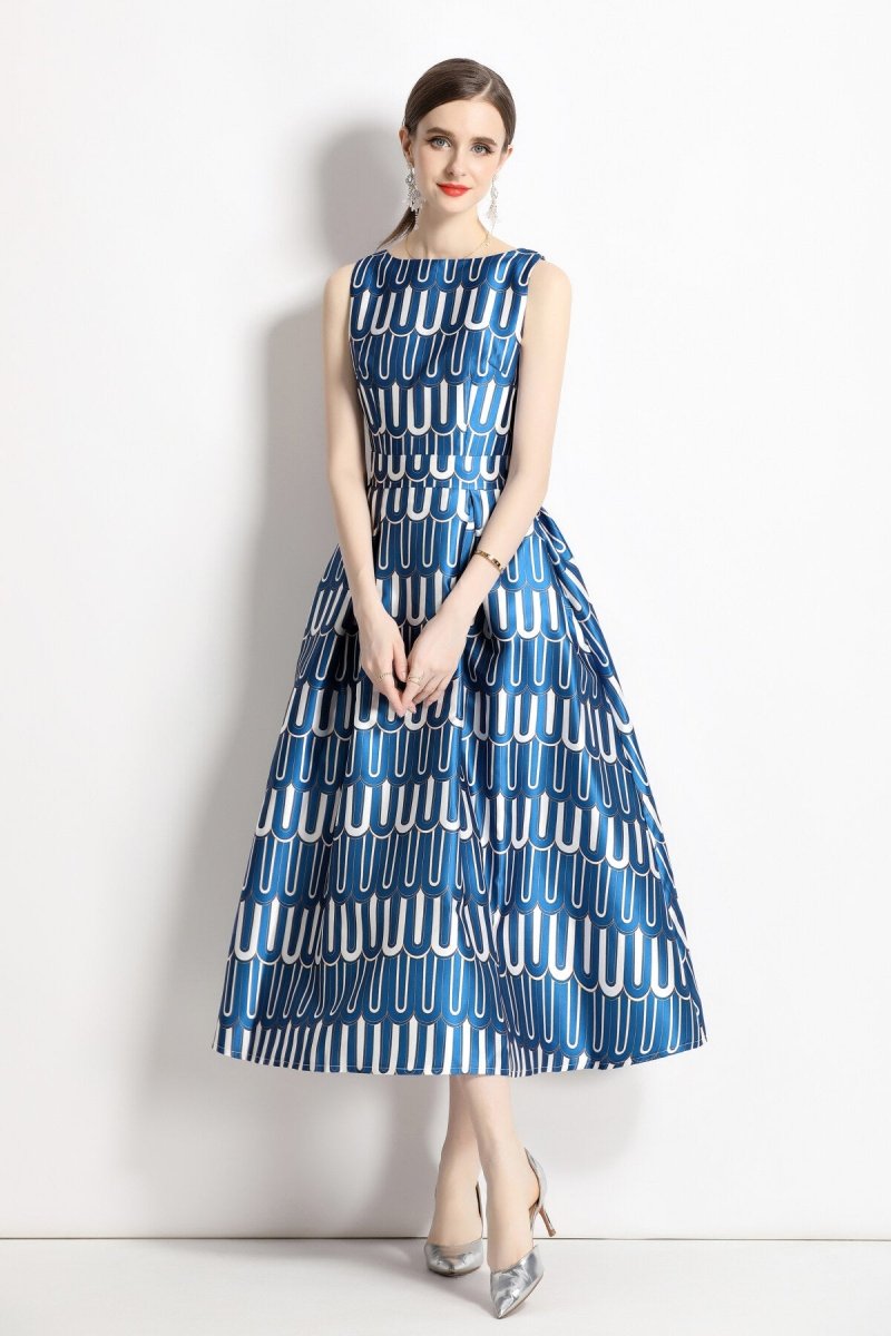 White and Blue Slim Fit A Line Tea Dress